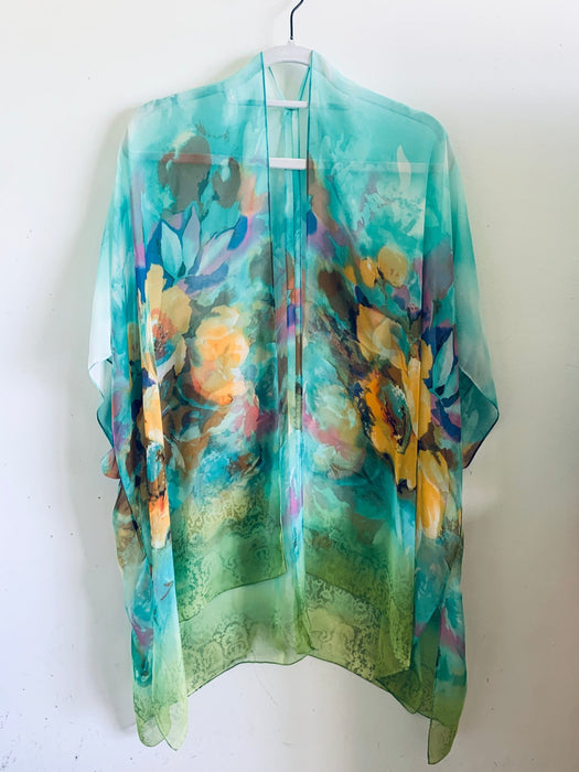 Turquoise and Yellow Floral Sheer Kimono - Artfest Ontario - Halina Shearman Designs - Sheer Kimono