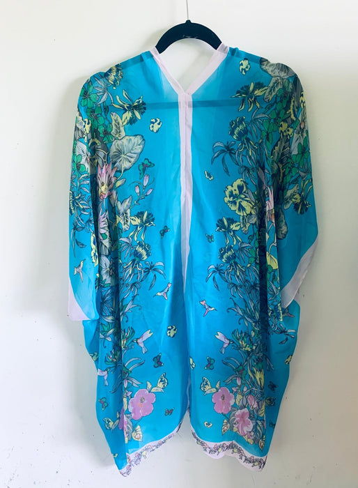 Turquoise Border Blue Floral Sheer Kimono - Artfest Ontario - Halina Shearman Designs - Sheer Kimono