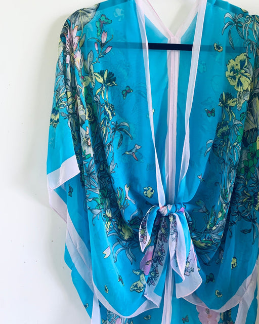 Turquoise Border Blue Floral Sheer Kimono - Artfest Ontario - Halina Shearman Designs - Sheer Kimono