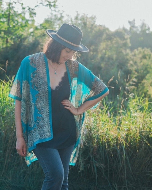 Turquoise Paisley Border Sheer Kimono - Artfest Ontario - Halina Shearman Designs - Sheer Kimono