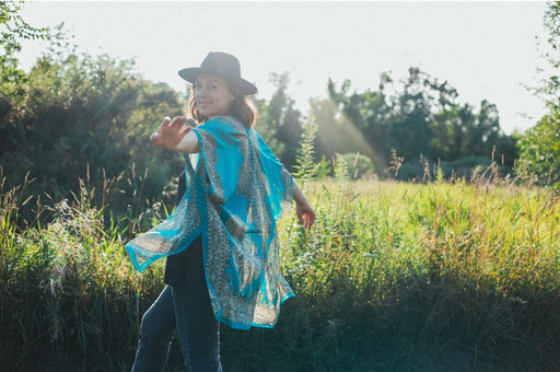 Turquoise Paisley Border Sheer Kimono - Artfest Ontario - Halina Shearman Designs - Sheer Kimono
