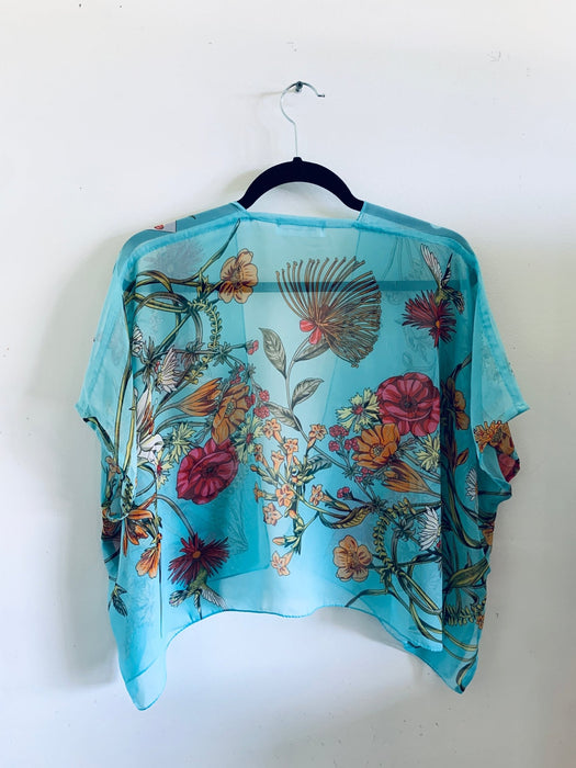 Turquoise Tropical Floral Sheer Cropped Kimono - Artfest Ontario - Halina Shearman Designs - Cropped Kimono