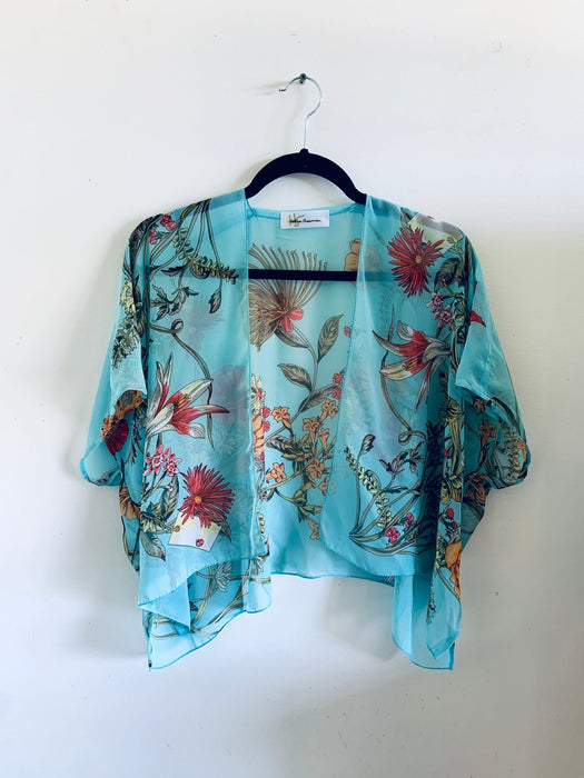 Turquoise Tropical Floral Sheer Cropped Kimono - Artfest Ontario - Halina Shearman Designs - Cropped Kimono