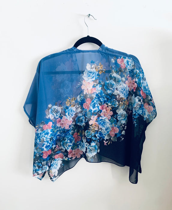 Two Tone Blue Sheer Floral Cropped Kimono - Artfest Ontario - Halina Shearman Designs - Cropped Kimono