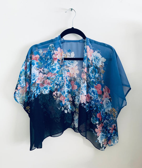 Two Tone Blue Sheer Floral Cropped Kimono - Artfest Ontario - Halina Shearman Designs - Cropped Kimono