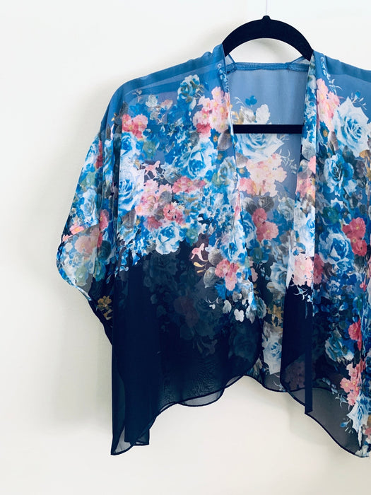 Two Tone Blue Sheer Floral Cropped Kimono - Artfest Ontario - Halina Shearman Designs - Cropped Kimono