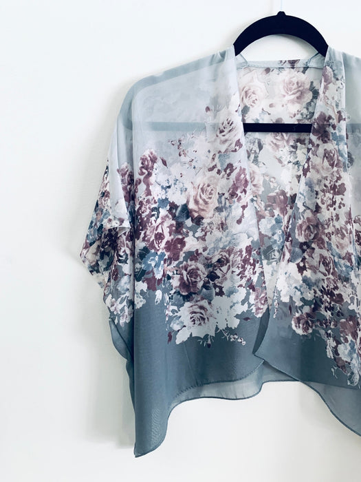 Two Tone Grey Sheer Floral Cropped Kimono - Artfest Ontario - Halina Shearman Designs - Cropped Kimono