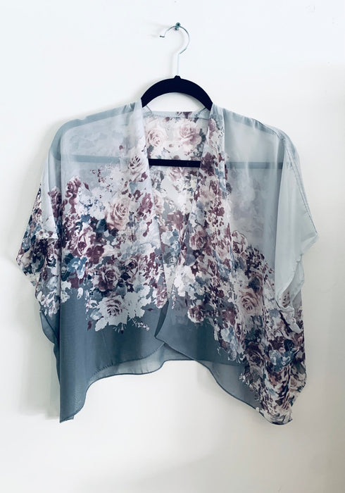 Two Tone Grey Sheer Floral Cropped Kimono - Artfest Ontario - Halina Shearman Designs - Cropped Kimono