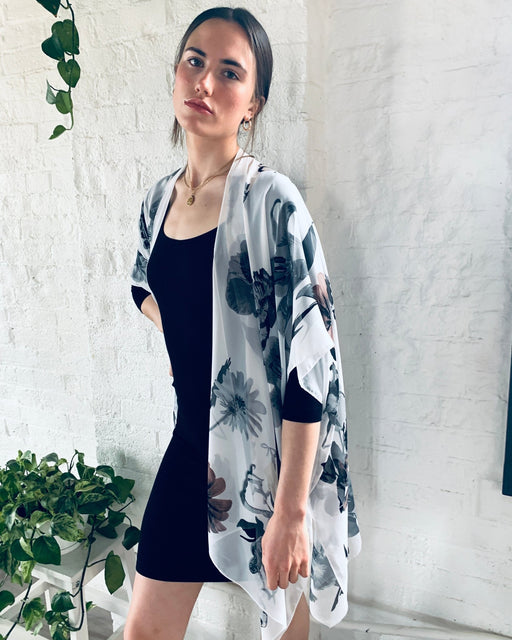 White and Grey Floral Sheer Kimono - Artfest Ontario - Halina Shearman Designs - Sheer Kimono