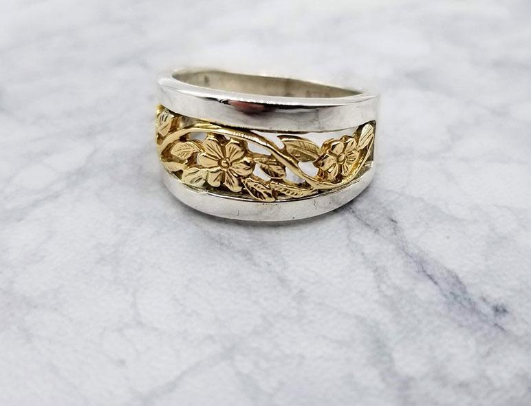 14K Gold & Sterling Flower Band Ring - Artfest Ontario - Delicate Touch Jewellery - Fine Jewellery