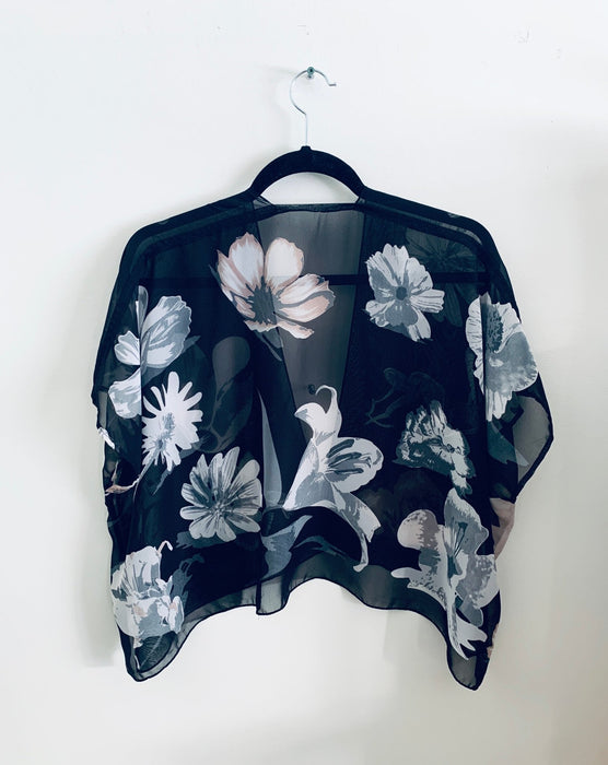 Black and White Large Floral Sheer Cropped Kimono - Artfest Ontario - Halina Shearman Designs - Cropped Kimono