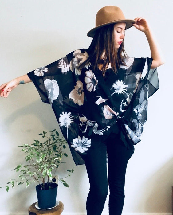 Black Floral Sheer Kimono - Artfest Ontario - Halina Shearman Designs - Sheer Kimono
