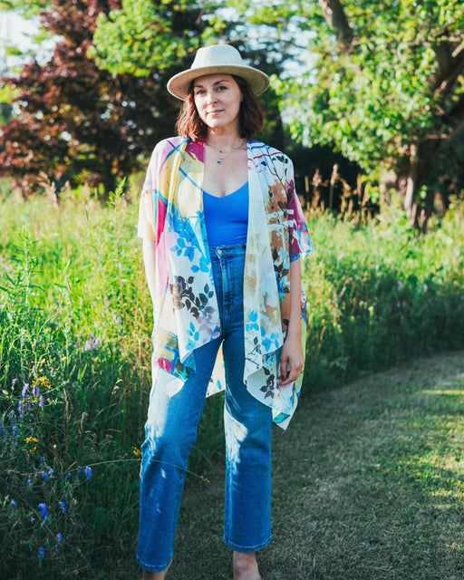 Blue, Pink and Yellow Abstract Floral Sheer Kimono - Artfest Ontario - Halina Shearman Designs - Sheer Kimono