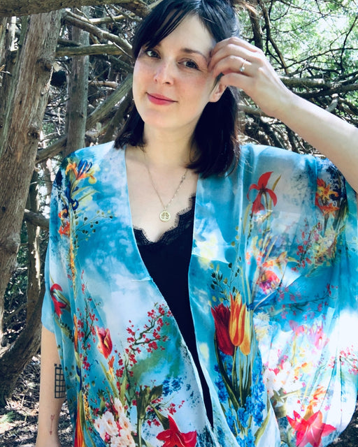 Bright Blue Retro Floral Sheer Kimono - Artfest Ontario - Halina Shearman Designs - Sheer Kimono