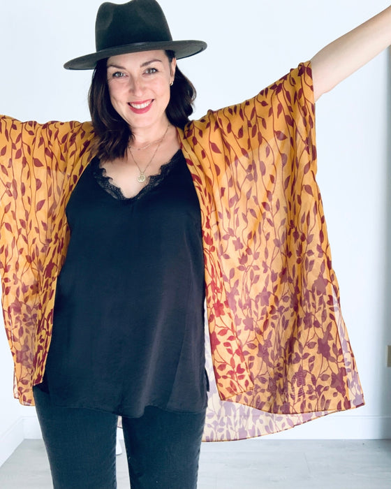 Deep Tan and Burgundy Leaves Sheer Kimono - Artfest Ontario - Halina Shearman Designs - Sheer Kimono