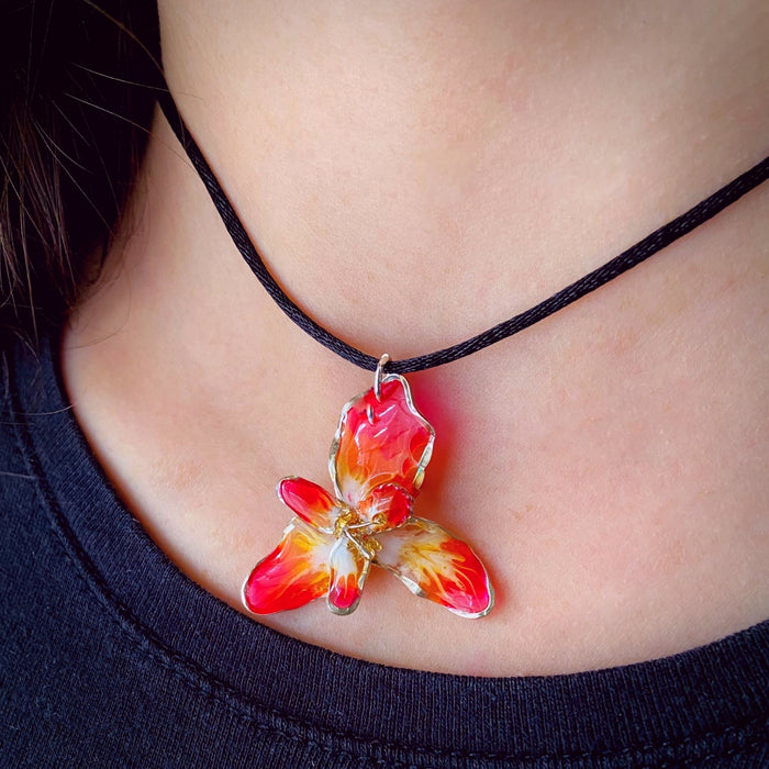 Delicate Sterling Silver and Resin Flower Pendant Red, Orange and Yellow - Studio Degas - Artfest Ontario - Studio Degas - Jewelry & Accessories