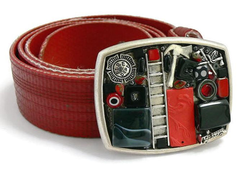 Fireman Theme Belt buckle on recycled fire hose strap - Artfest Ontario - Lisa Young Design - Belt Buckles