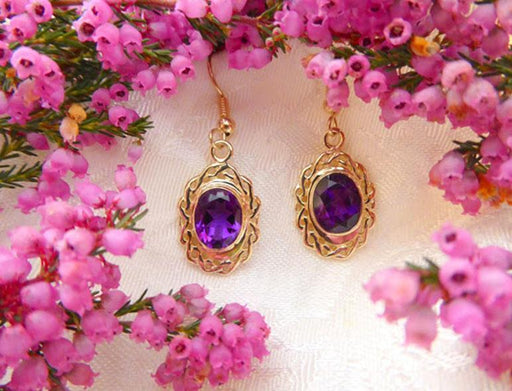 Gold Oval Amethyst Earrings with Celtic Weave Surround - Artfest Ontario - Delicate Touch Jewellery - Fine Jewellery