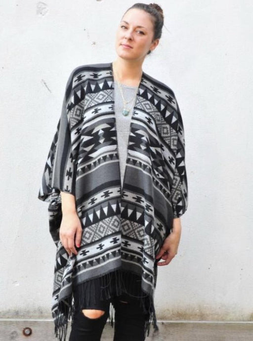 Grey and Black Southwestern Print Blanket Poncho - Artfest Ontario - Halina Shearman Designs - Oversized Kimono
