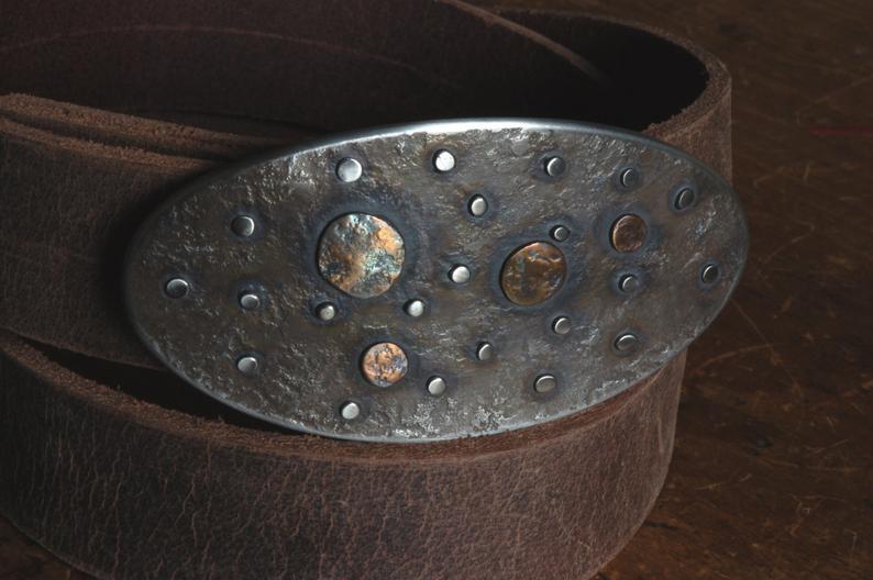 Guitar Pick Belt Buckle w/ Leather Snap Belt - Artfest Ontario - Iron Art - Clothing & Accessories