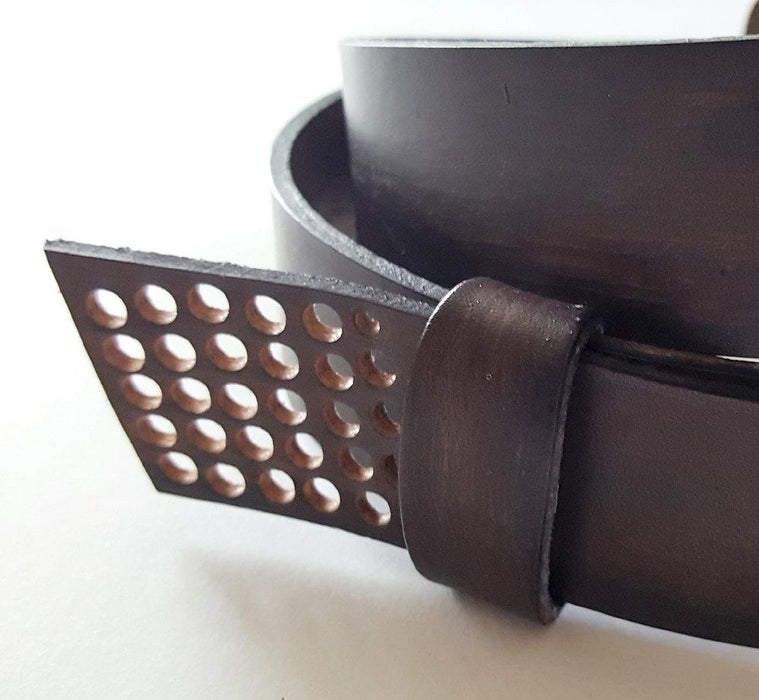 Handcrafted Canadian Belt & Buckle SET Hand Forged Polka Dot Belt Buckle w/ Hand Dyed Leather Slate Wood Grain Snap Belt for Jeans or Chinos - Artfest Ontario - Iron Art - Clothing & Accessories