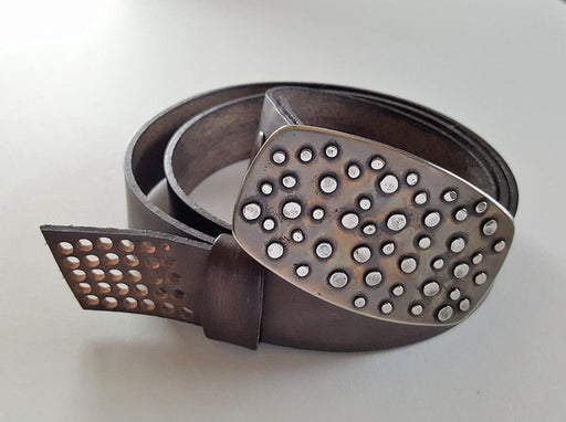 Handcrafted Canadian Belt & Buckle SET Hand Forged Polka Dot Belt Buckle w/ Hand Dyed Leather Slate Wood Grain Snap Belt for Jeans or Chinos - Artfest Ontario - Iron Art - Clothing & Accessories
