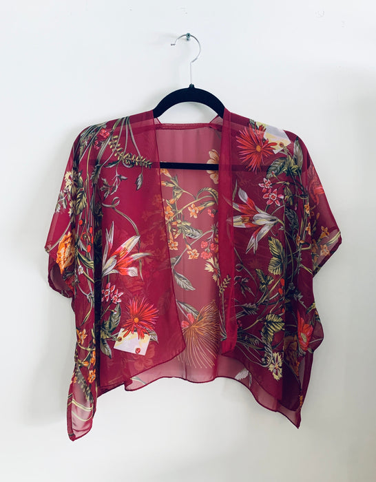 Burgundy Sheer Floral Cropped Kimono