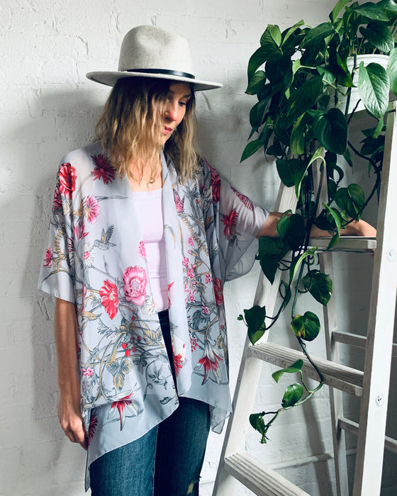 Dolphin Grey and Pink Floral Sheer Kimono