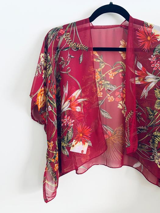 Burgundy Sheer Floral Cropped Kimono