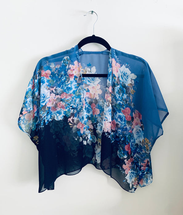 Two Tone Blue Sheer Floral Cropped Kimono