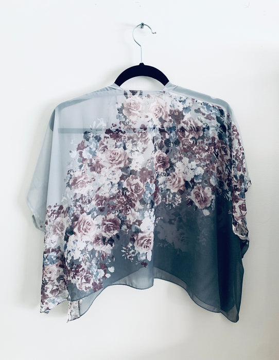 Two Tone Grey Sheer Floral Cropped Kimono
