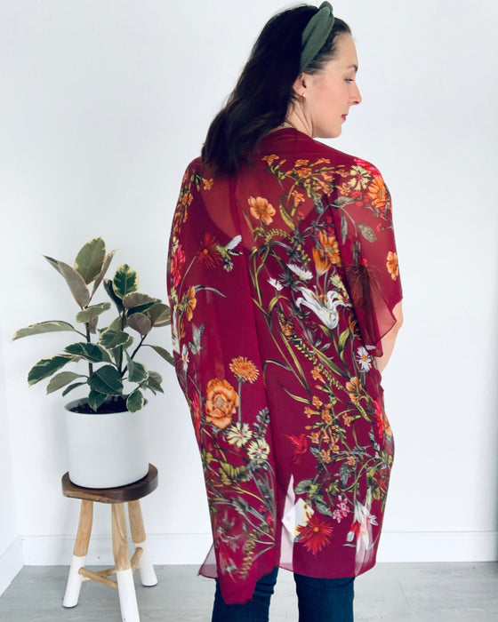 Burgundy Large Floral Sheer Kimono