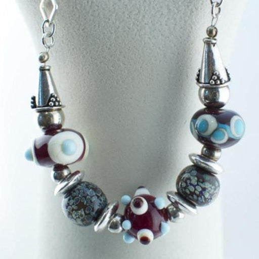 Lampwork bead and silver necklace in brown and light blue with Sterling silver square chain - Artfest Ontario - Lisa Young Design - Silver Necklaces