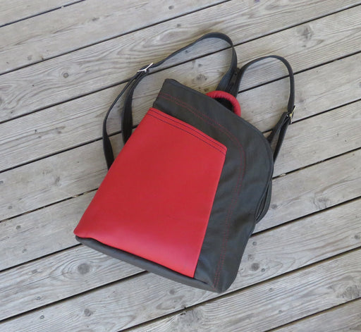 Large Stroll Bag- black with red pocket and decorative stitching - Artfest Ontario - Arrowsmith Leather - Clothing & Accessories