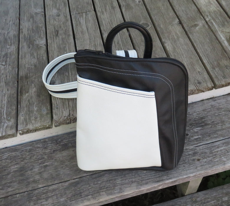 Large Stroll Bag- black with white pocket and decorative stitching - Artfest Ontario - Arrowsmith Leather - Clothing & Accessories
