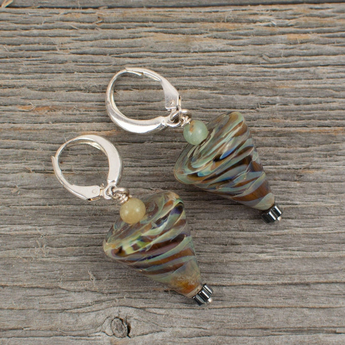 Mahogany Striped cone shaped borosilicate glass and silver earrings - Artfest Ontario - Lisa Young Design - Earrings