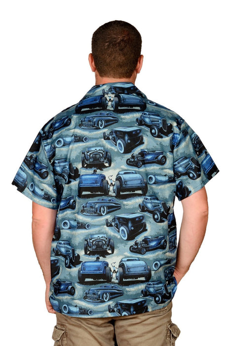 Shadow Hot Rods Retro Cars Pattern - Blue - Hawaiian Shirt - Artfest Ontario - Joe-Feak - Clothing & Accessories