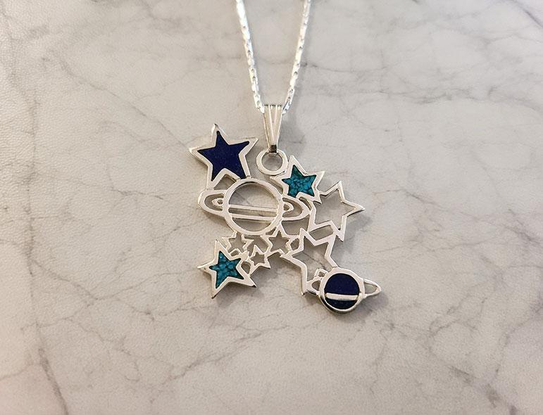 Sterling Stars & Planets Lapis Lazuli & Turquoise Pendant on Silver Chain - Artfest Ontario - Delicate Touch Jewellery - Fine Jewellery