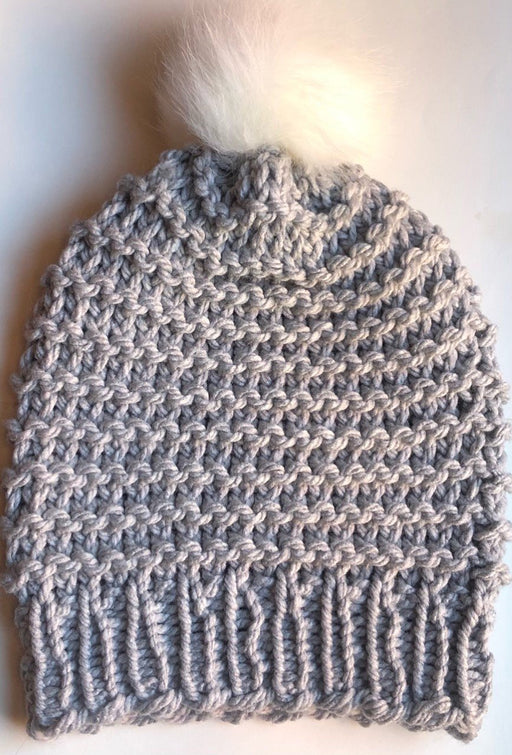 Toque Gray White Pom - Artfest Ontario - Knotty Knit Studio - Hand Made Knitwear