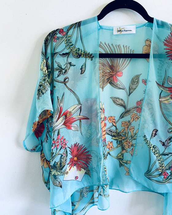 Turquoise Tropical Floral Sheer Cropped Kimono - Artfest Ontario - Halina Shearman Designs - Cropped Kimono