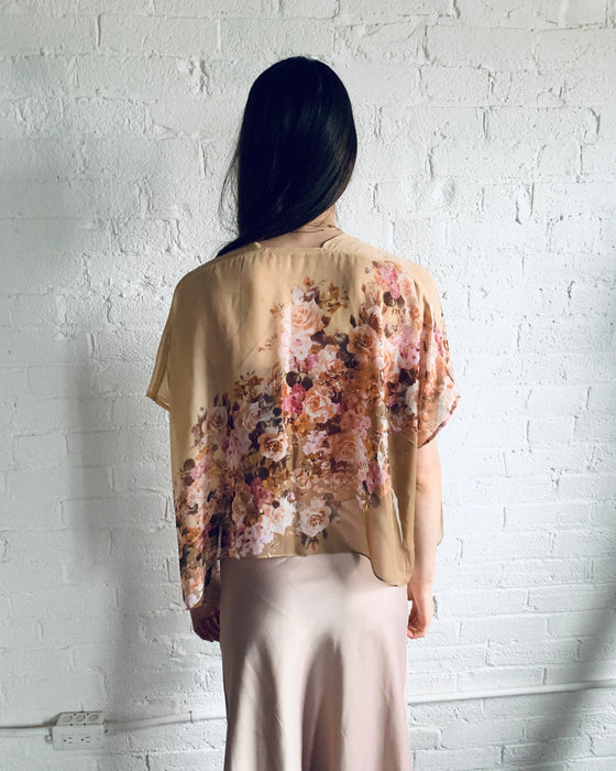 Two Tone Tan Sheer Floral Cropped Kimono - Artfest Ontario - Halina Shearman Designs - Cropped Kimono