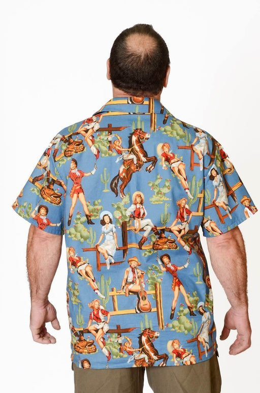 Western Cowgirl Retro Pattern - Blue - Hawaiian Shirt - Artfest Ontario - Joe-Feak - Clothing & Accessories