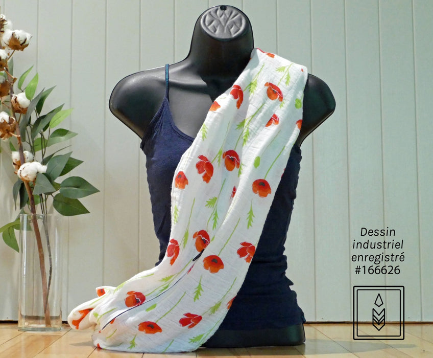 WHITE INFINITY SCARF WITH RED FLOWERS - Artfest Ontario - Les créations Fol-Artists - Clothing & Accessories